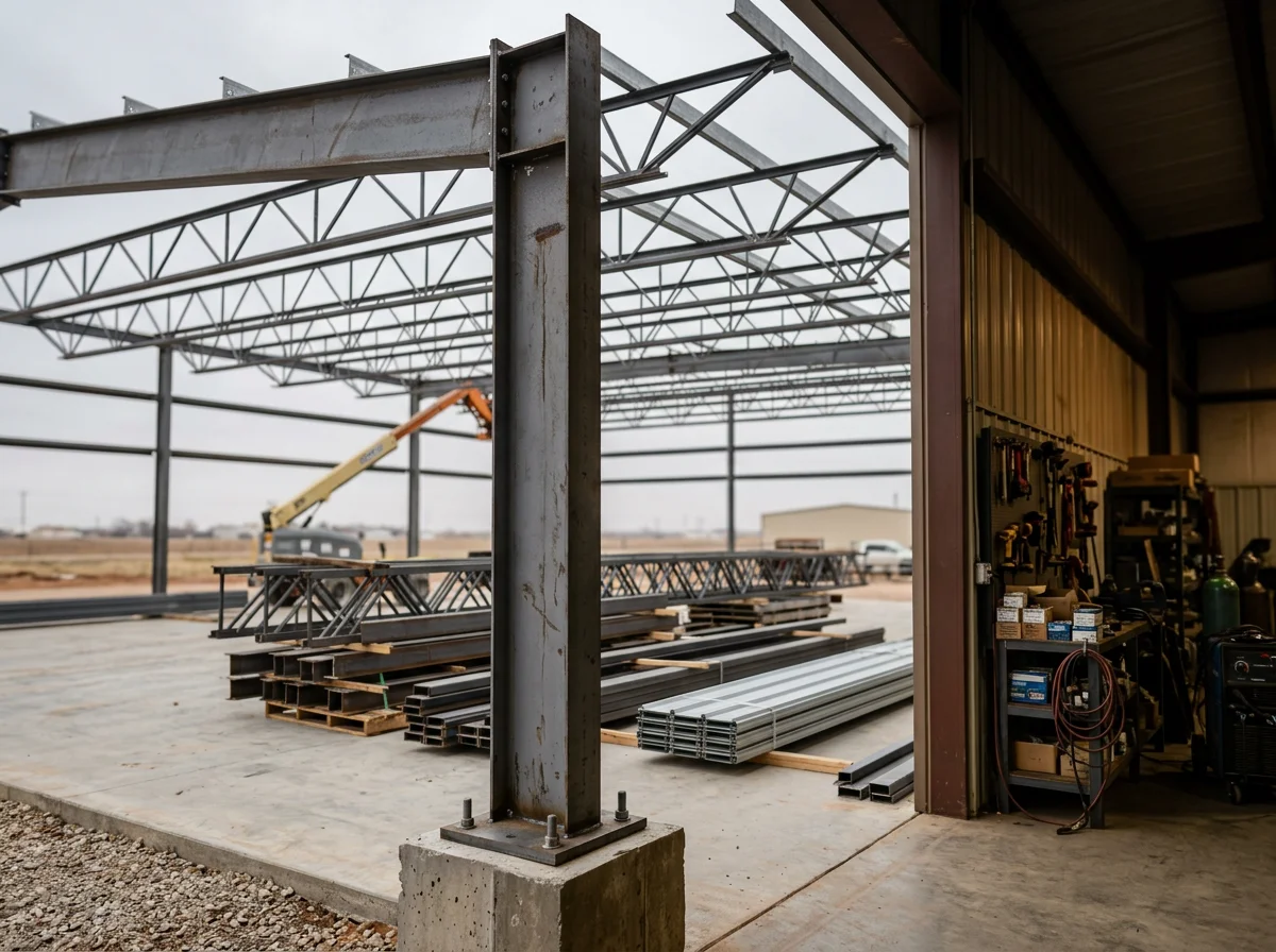 Metal building construction site with framing and structural elements in progress.