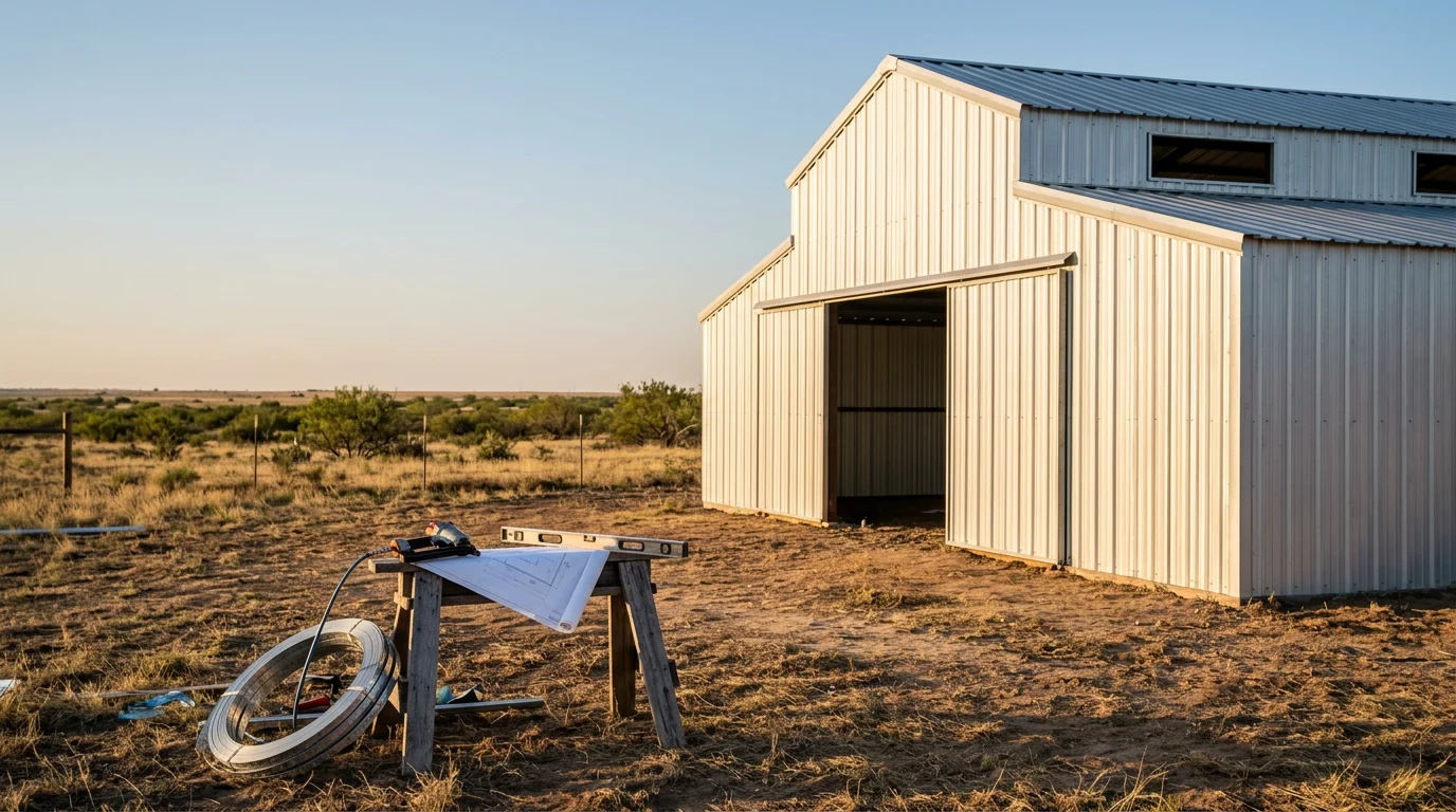 Metal barn structure under construction in West Texas