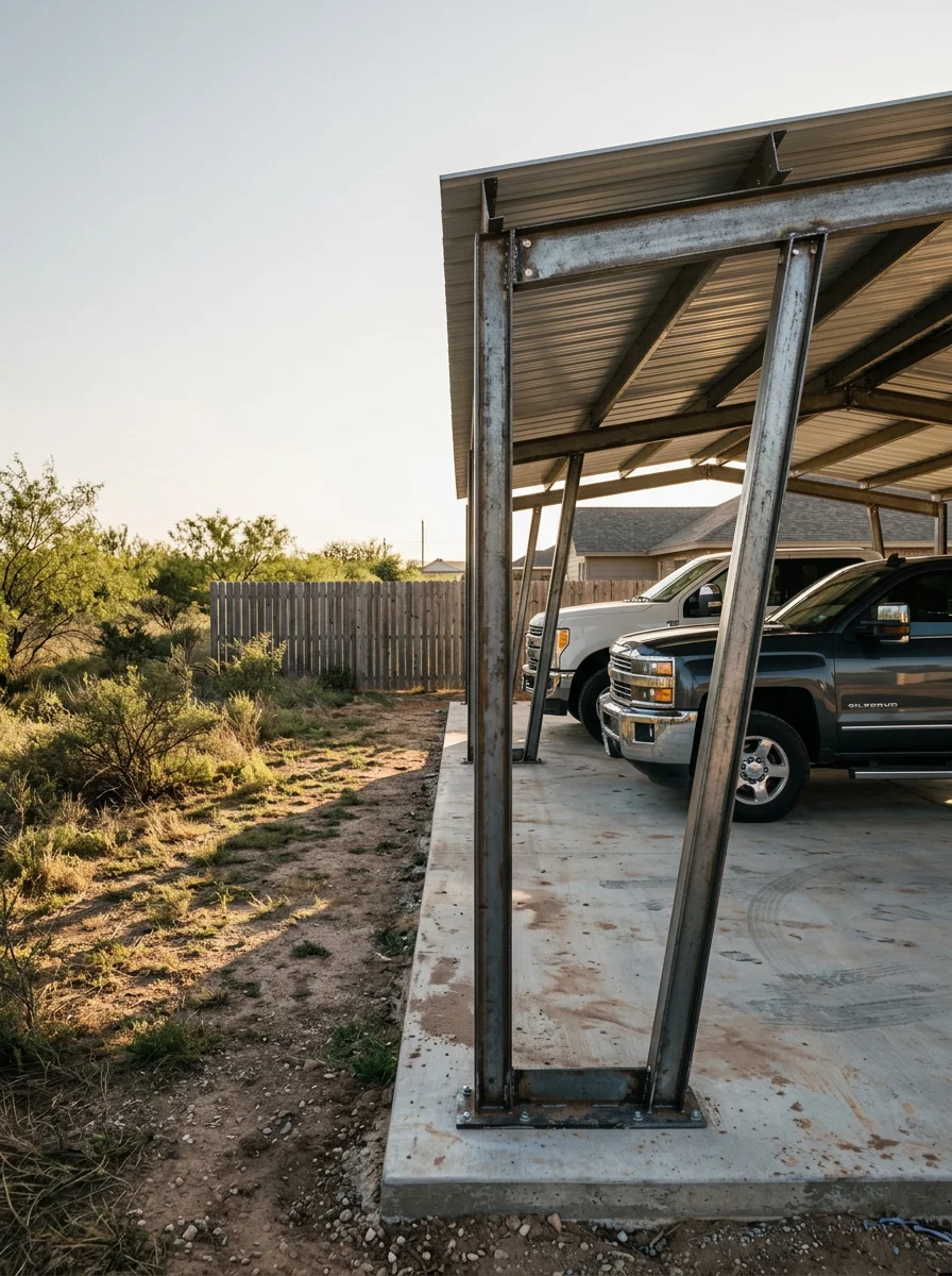 A steel carport anchored to a concrete pad on a residential lot in Abilene, Texas, sheltering two pickup trucks.