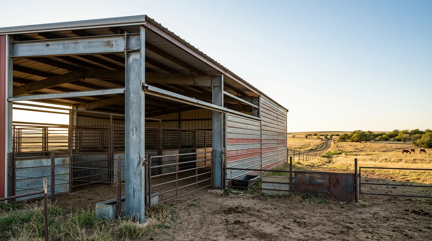 A metal horse barn with covered stall fronts on rolling ranchland south of Abilene, Texas, with a clear blue West Texas sky.