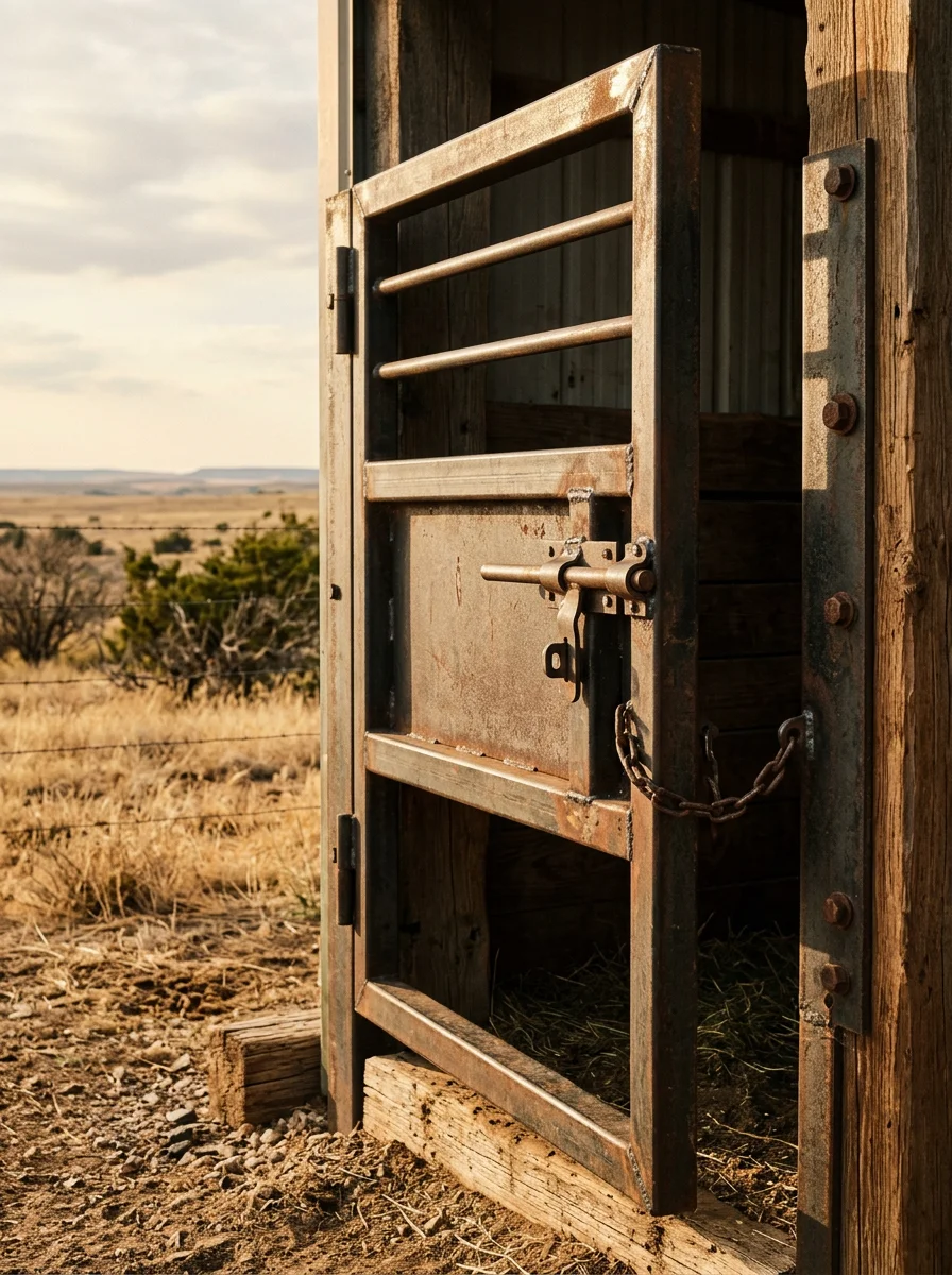 Close-up of a steel horse barn with open stall fronts on a rural property near Canyon, Texas.