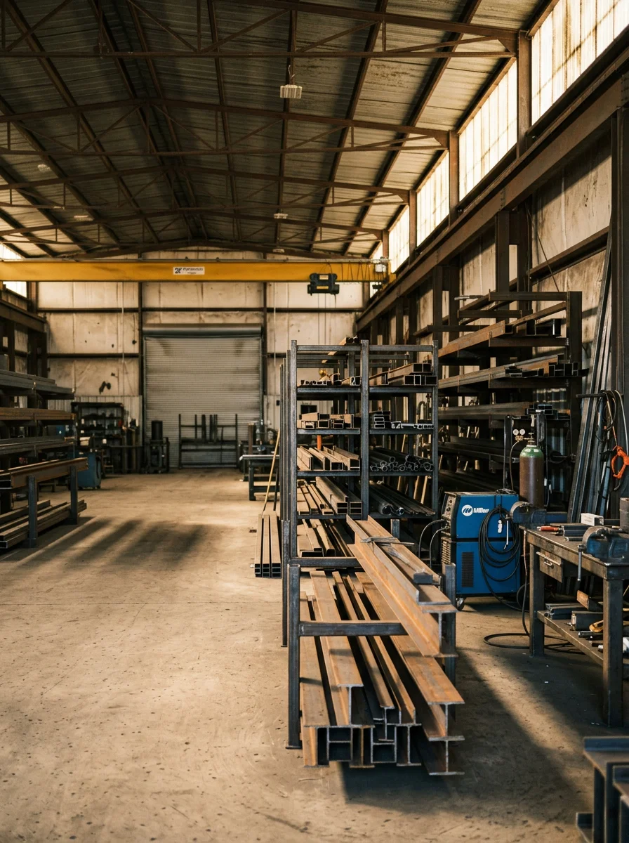Interior view of a large metal shop with high eave clearance on a working property outside Midland, Texas.