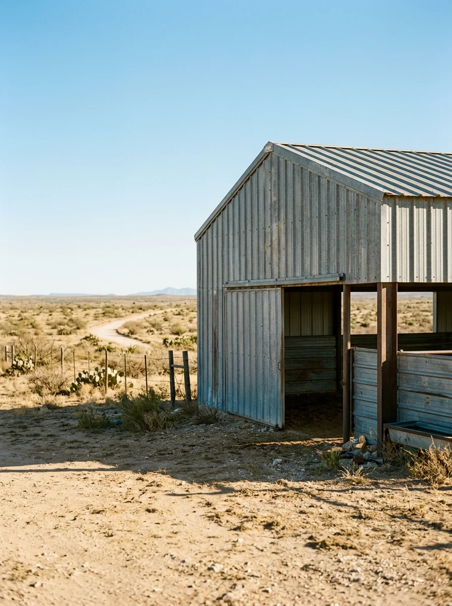 A steel horse barn on a remote Reeves County ranch property near Pecos, Texas, under a clear desert sky with no surrounding structures in view.
