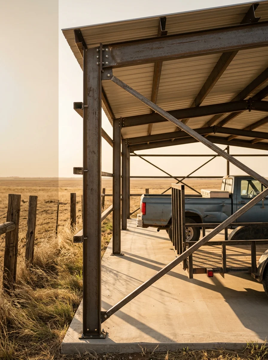 A steel carport anchored to a concrete pad on a rural Hale County property near Plainview, Texas, sheltering a farm truck and trailer.