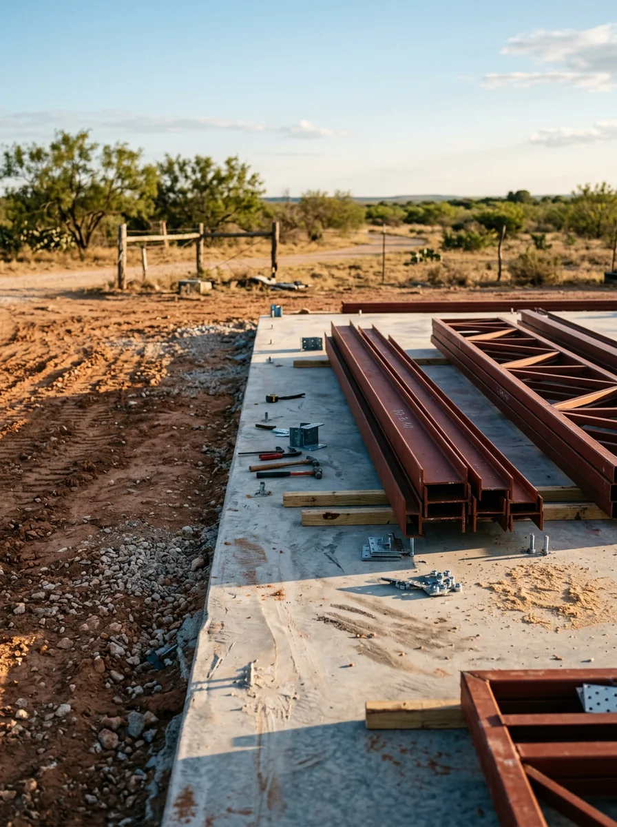 A steel barndominium under construction on rural Tom Green County acreage near San Angelo, Texas, with a concrete slab foundation visible.