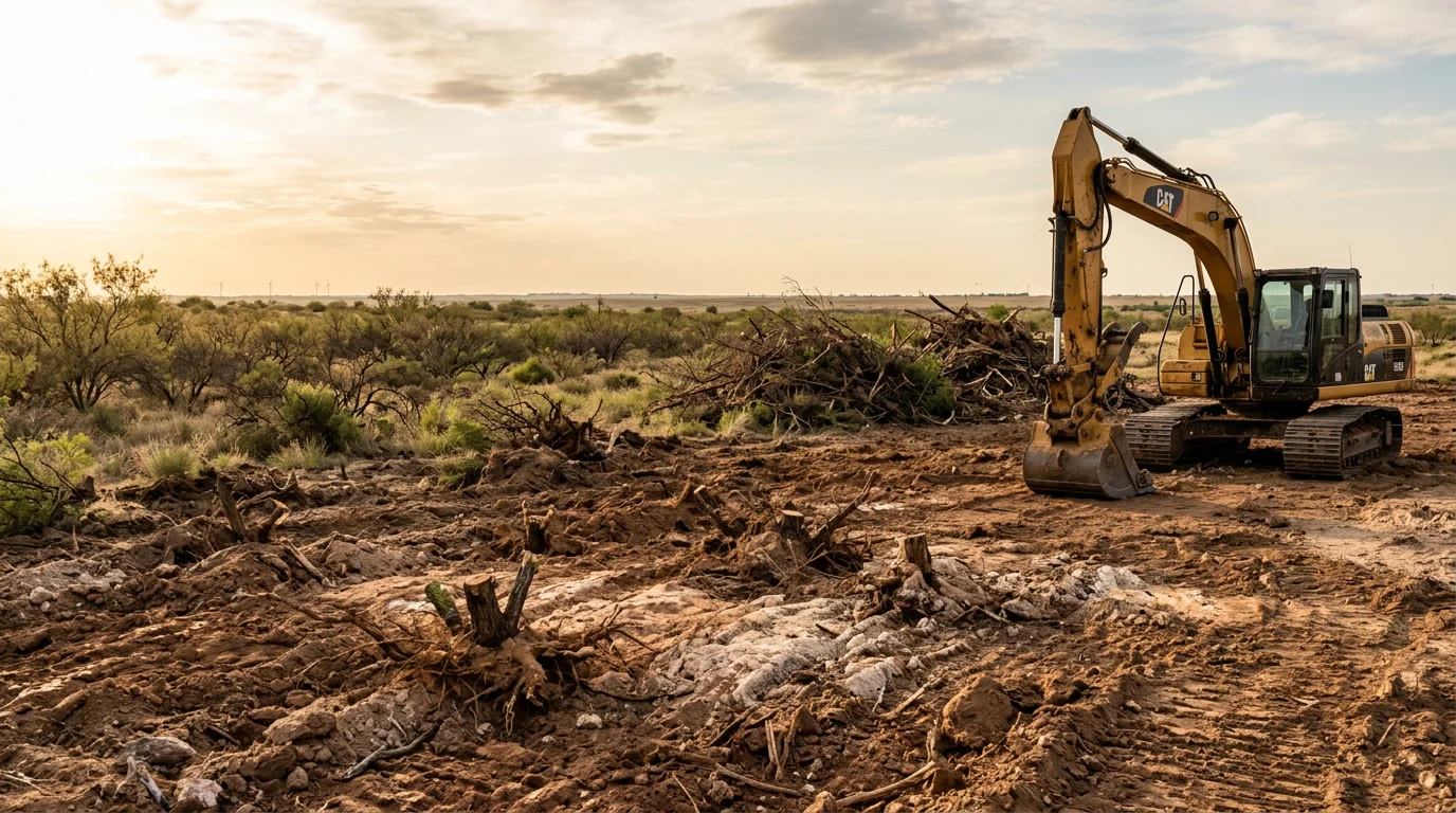 A cleared and grubbed vacant lot in Amarillo, Texas with stumps, brush, and root systems fully removed, leaving exposed flat soil ready for construction or fencing. Heavy equipment tracks are visible across the dry Panhandle terrain.