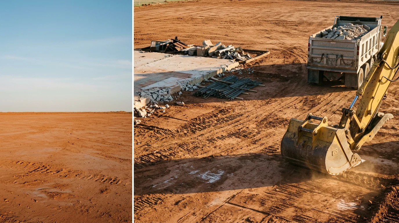 A cleared residential lot in Amarillo, Texas after complete site demolition, showing bare ground with all structures and debris removed. West Texas sky visible in the background with no remaining building material on site.