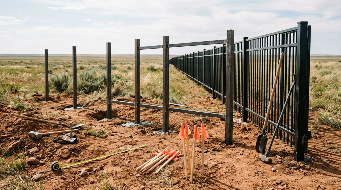 A custom-designed wood and metal fence along the backyard perimeter of a residential property in Amarillo, Texas. The fence features a board pattern and gate built to match the home's exterior on an open West Texas lot.