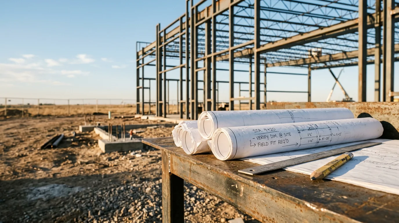 Custom metal structure design plan laid out on a workbench with a West Texas property site in the background near Amarillo. The image shows a structural layout drawing alongside a partially framed steel building on open land.
