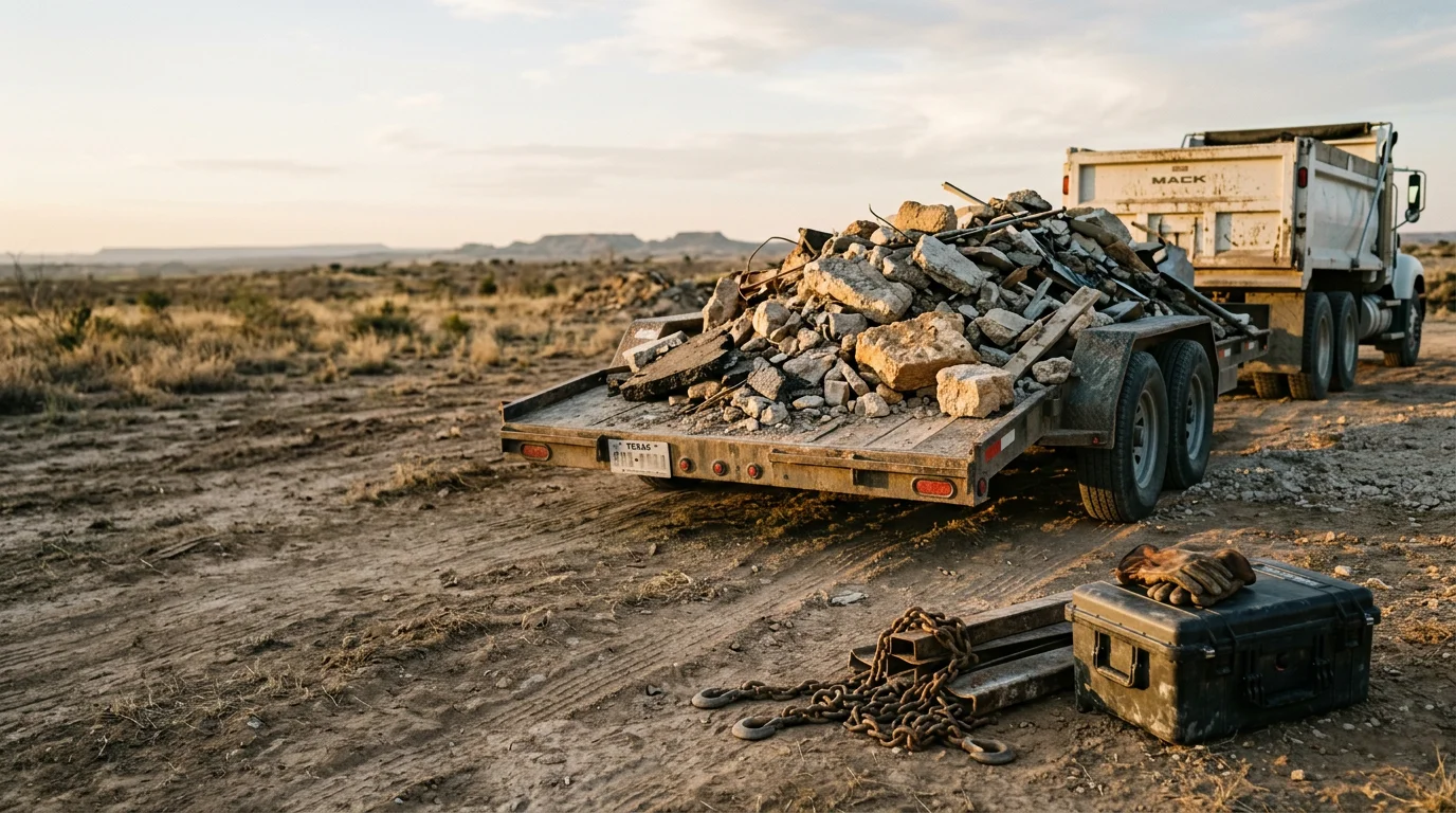 A cleared job site in Amarillo, Texas after debris removal by Lone Star Fence and Construction, showing concrete rubble and mixed demolition waste loaded and ready for hauling.