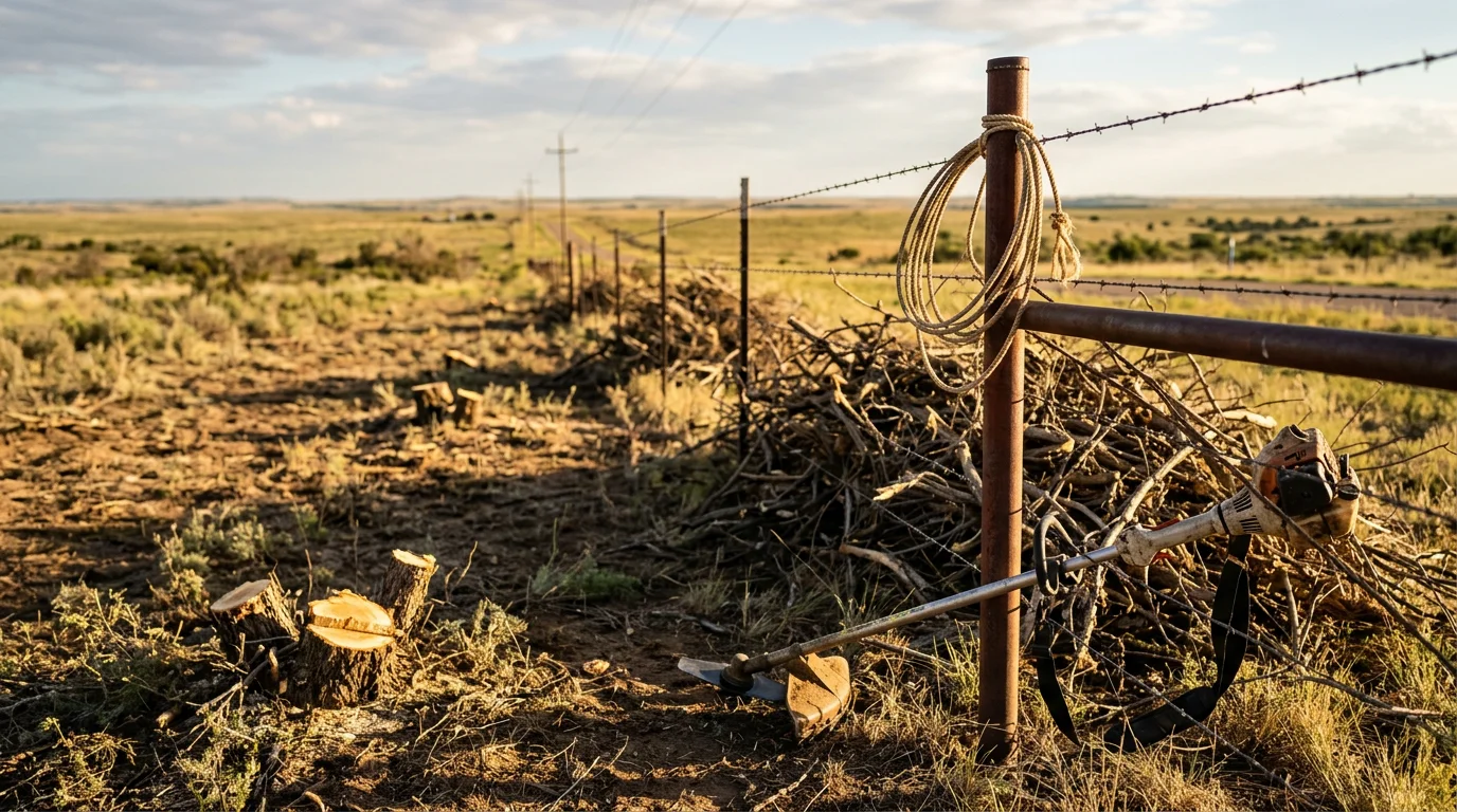 Cleared fence line along a rural West Texas property near Amarillo, showing a clean boundary free of mesquite brush and overgrown vegetation. A metal fence runs along the open, cleared ground with flat Panhandle terrain visible in the background.