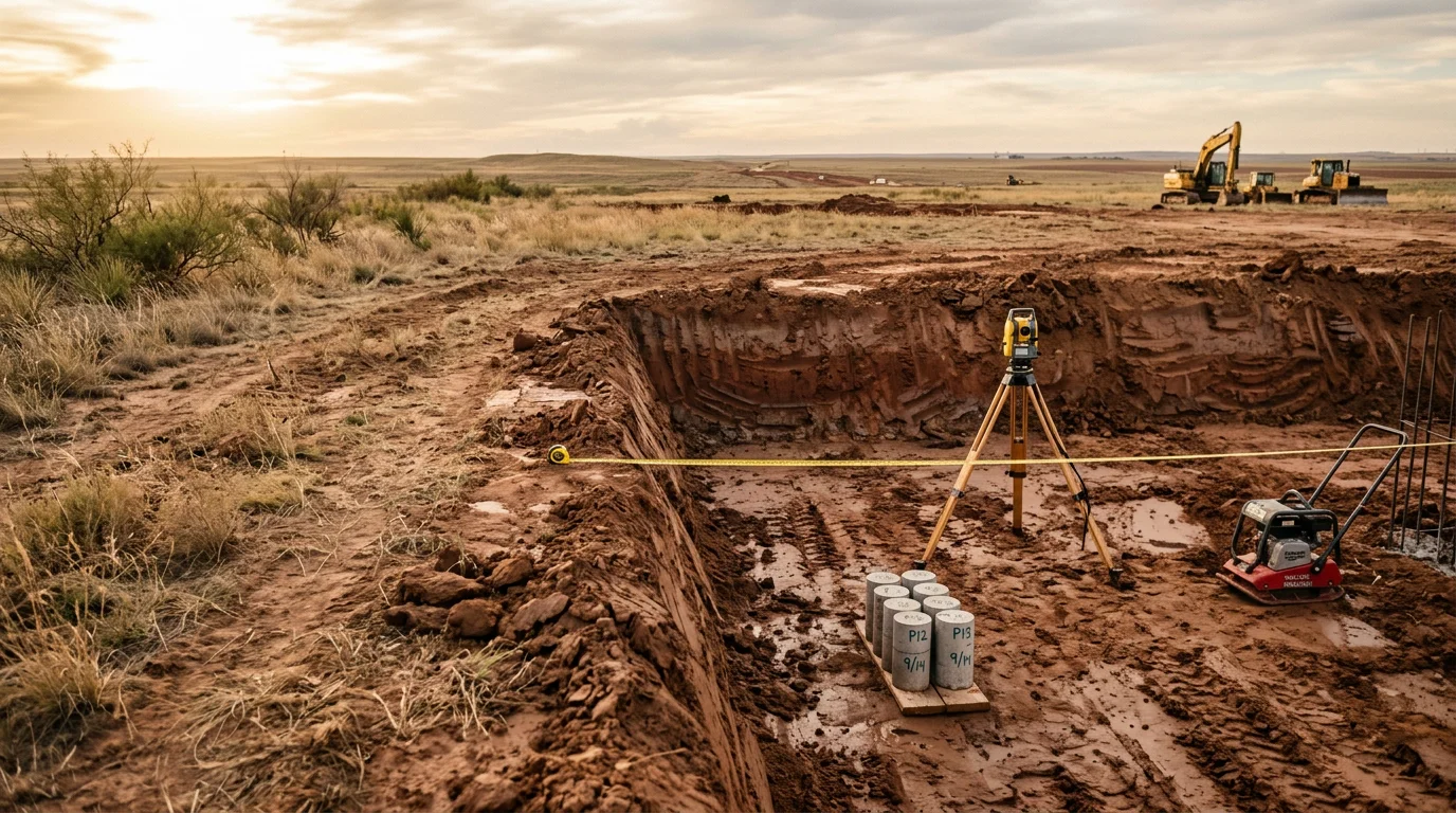 A concrete foundation slab being poured and finished at a residential construction site in Amarillo, Texas, with flat Panhandle terrain visible in the background. Workers smooth the surface of a freshly poured slab on a clear West Texas day.