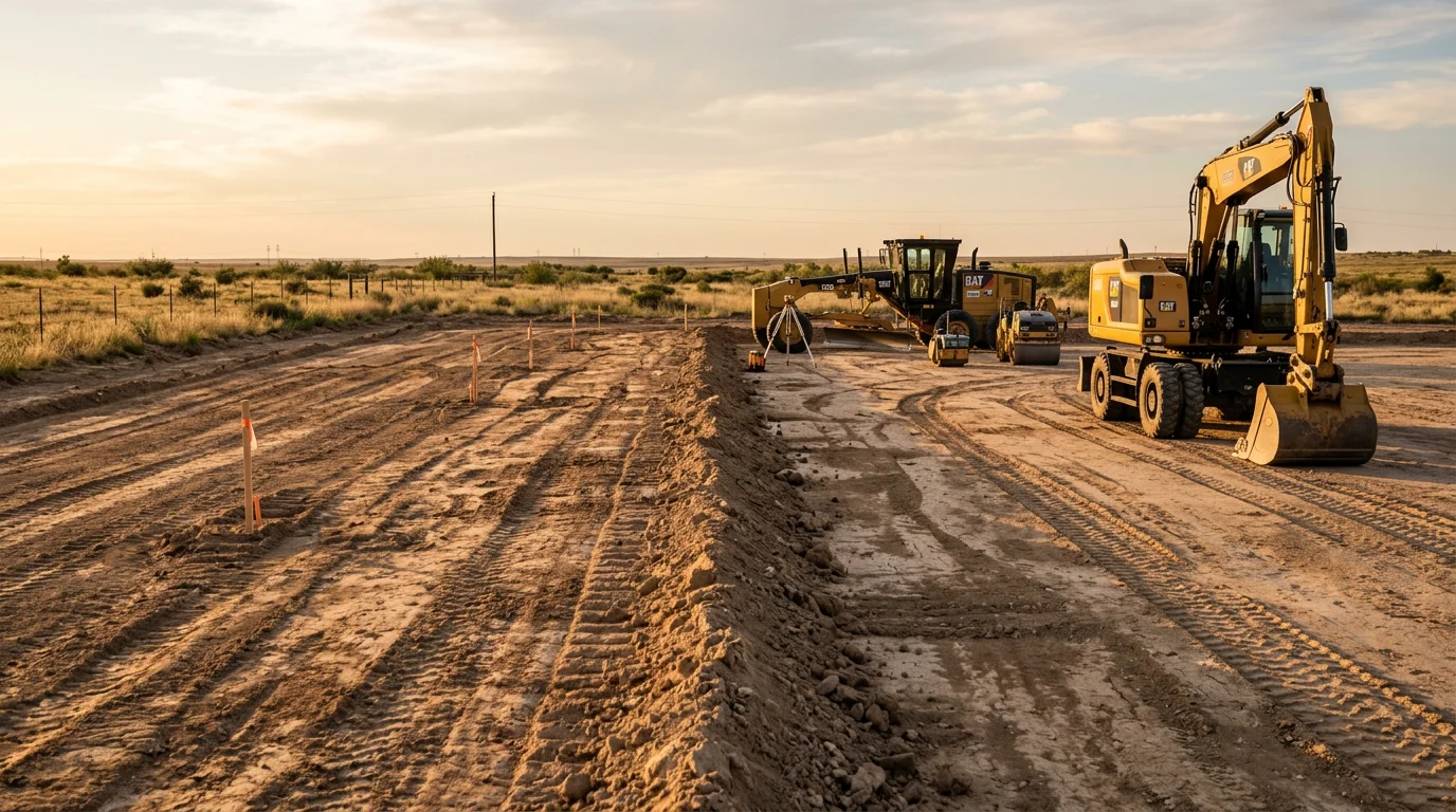 A graded dirt lot in Amarillo, Texas with smoothed soil and a visible slope directing drainage away from the building area. Heavy excavation equipment sits at the edge of the cleared site under a wide West Texas sky.