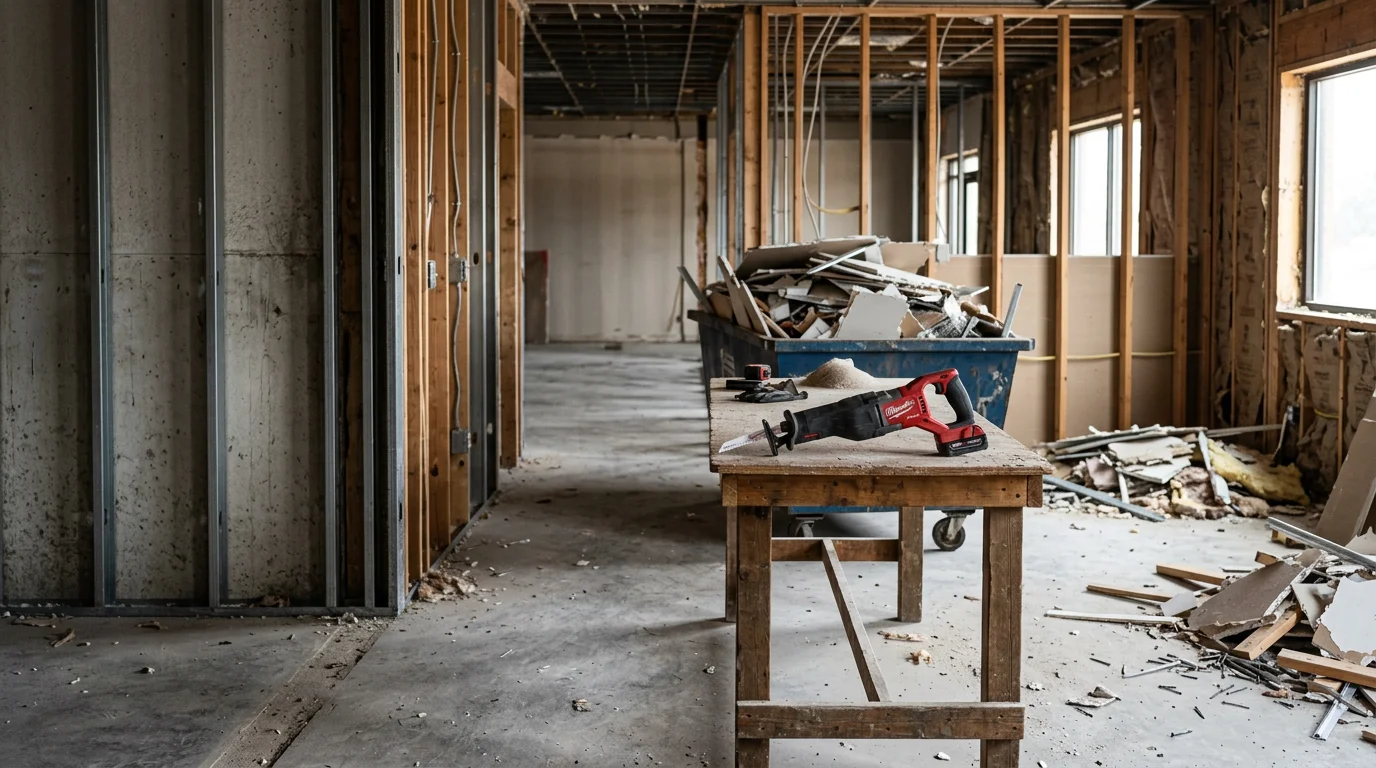Interior of an Amarillo property mid-demolition with walls stripped to the studs and debris cleared from the floor. A Lone Star Fence and Construction crew works inside a gutted room prepared for renovation.