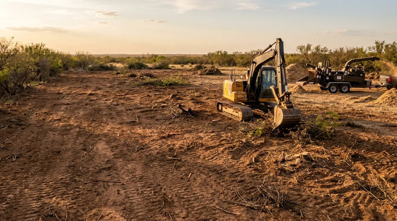 A cleared rural property in the Amarillo, Texas area with mesquite and brush removed, leaving open flat land ready for fencing or construction. Heavy equipment tracks are visible across the dry West Texas soil.