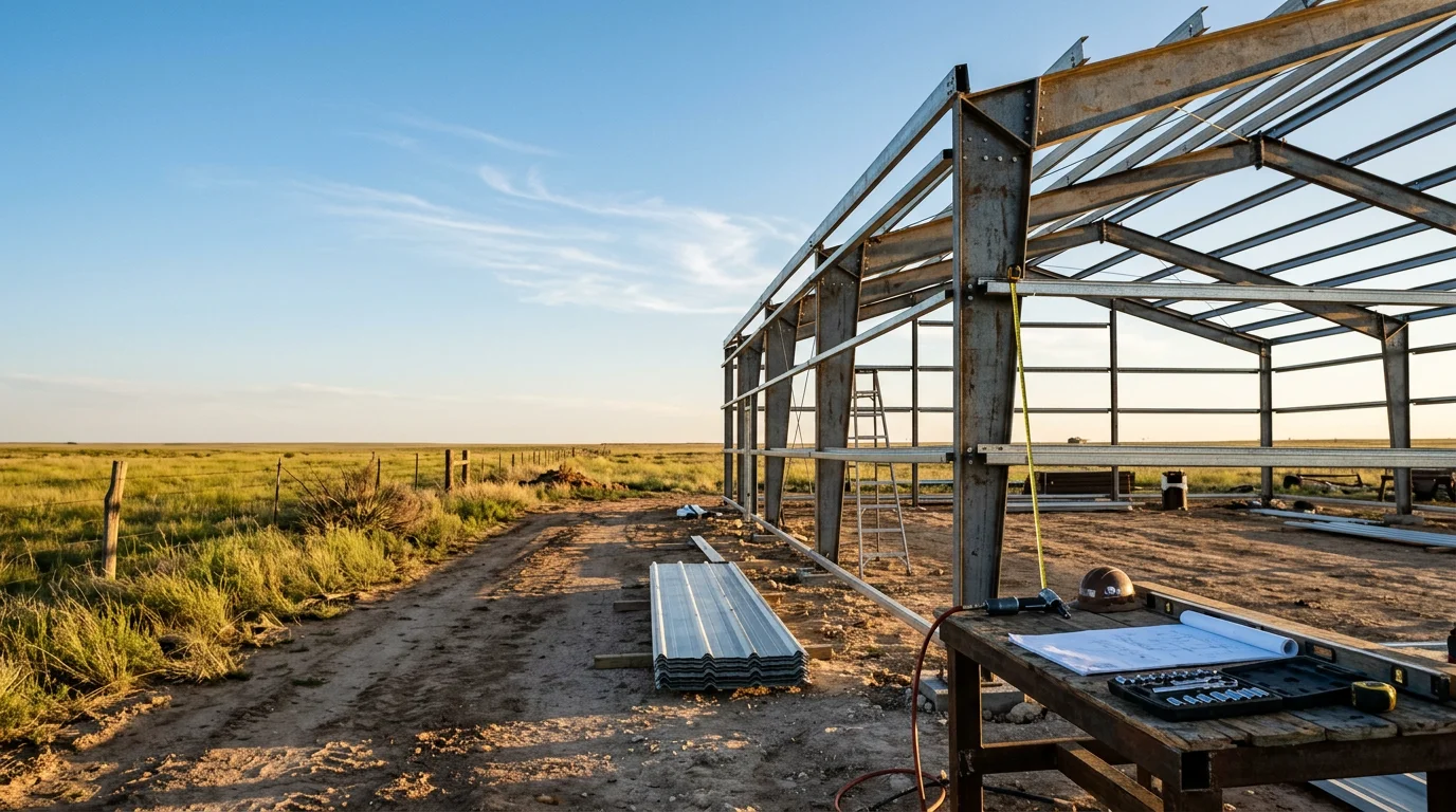 A completed metal barn on a rural West Texas property near Amarillo, with open land in the background and large sliding doors on the front face. The steel structure shows a pitched roof and full sidewall panels suited for livestock and equipment storage.
