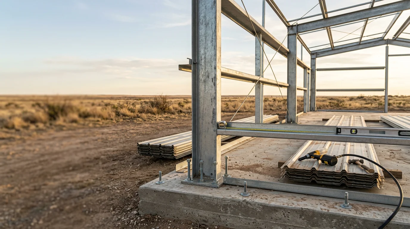 A completed metal building installation on a flat West Texas property near Amarillo, Texas, with steel wall panels and a pitched metal roof under an open sky. The structure sits on a prepared concrete foundation with wide door openings suited for equipment or commercial storage use.