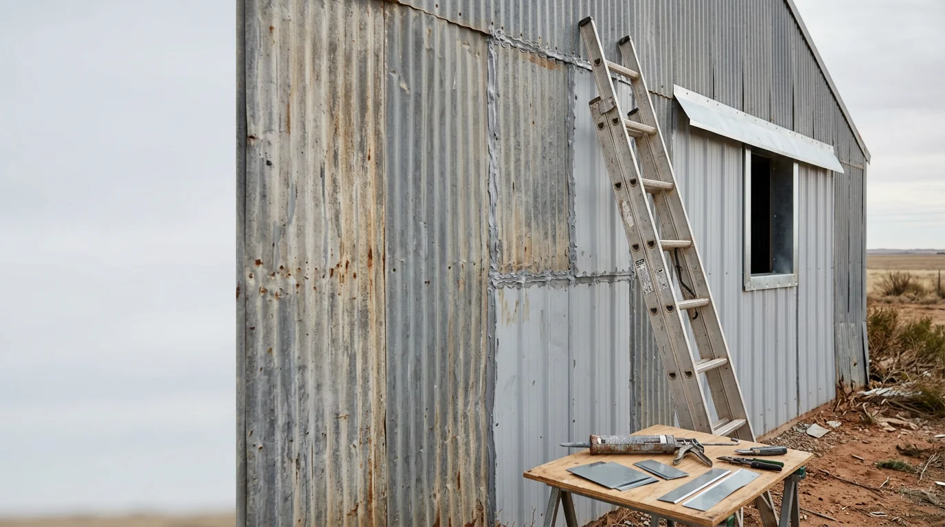 A metal building exterior in Amarillo, Texas showing repaired roof panels and sealed seams after storm damage. The structure stands on a flat West Texas property under a clear sky.