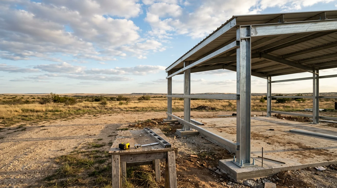 A metal carport installed at a residential property in Amarillo, Texas, with a clear-span steel frame and vertical roof panels providing covered vehicle parking. The surrounding West Texas landscape is visible in the background.