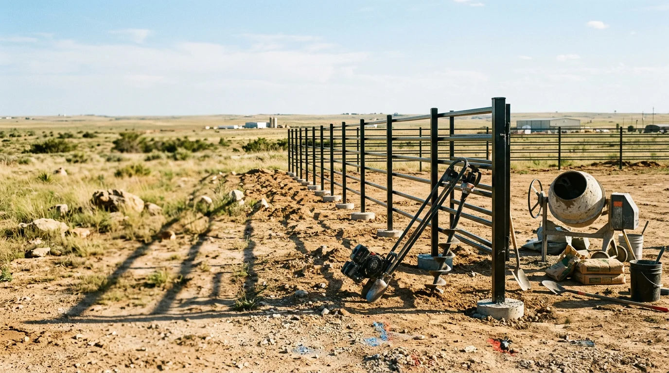 Newly installed metal fence along the perimeter of a residential property in Amarillo, Texas, with concrete-set posts and a swing gate under a clear Panhandle sky.