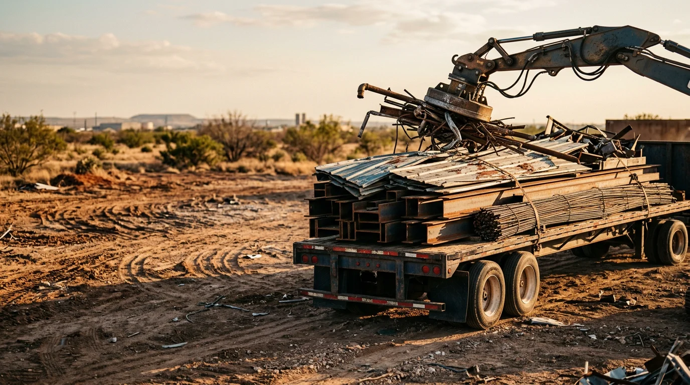 A cleared demolition site in Amarillo, Texas with scrap metal loaded onto a work truck ready for hauling. Structural steel and metal fencing debris are stacked near the truck on an open West Texas property.