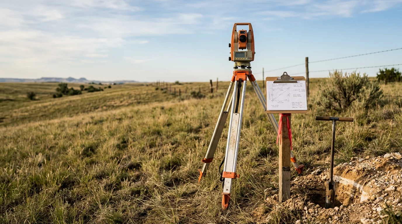 A construction professional walking a flat Texas Panhandle property near Amarillo, reviewing land slope and soil conditions during a pre-construction site assessment. Open terrain with dry grass and a clear sky visible in the background.