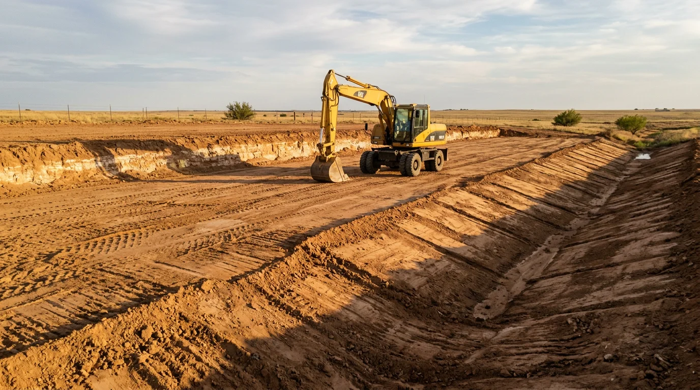 A graded and leveled construction site in Amarillo, Texas, with exposed soil ready for building. Heavy equipment tracks are visible across the prepared ground under a wide West Texas sky.